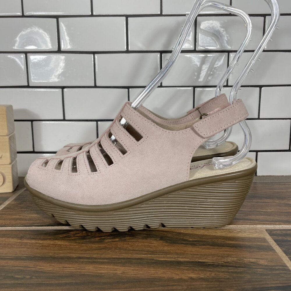 Skechers Parallel Trapezoid Shoes Womens Sz 8 Pink Suede Slingback Wedge Sandals